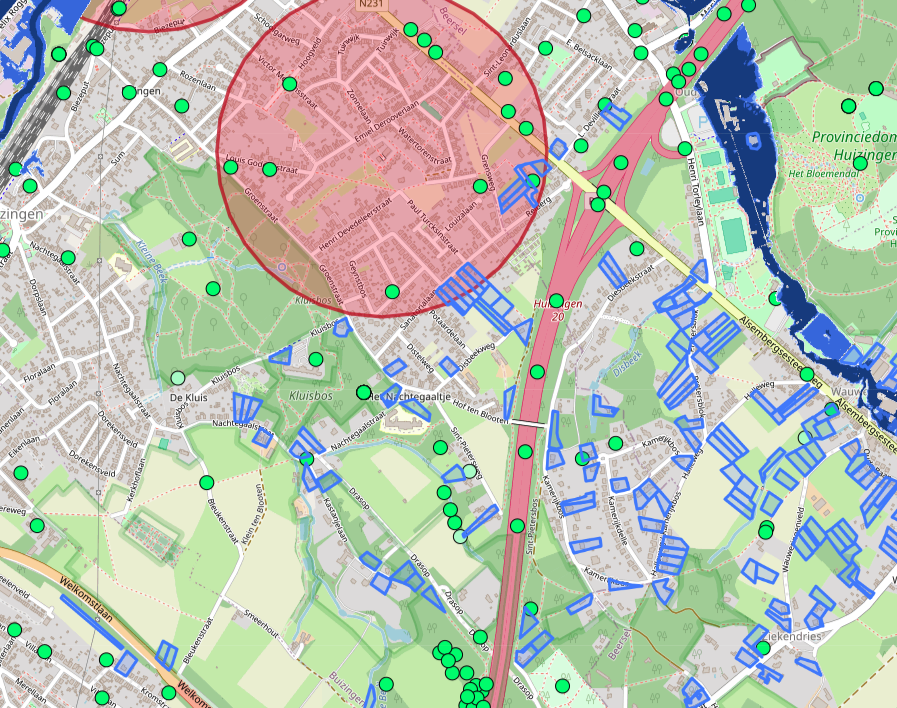 Interactive map showing building permits and construction projects across the city with green markers indicating active projects and blue zones showing development areas